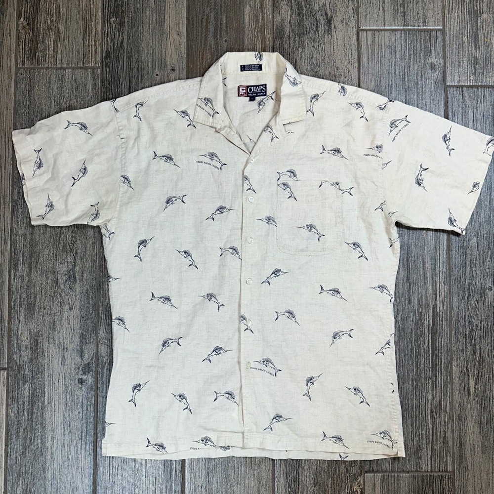 Chaps‎ Ralph Lauren Cotton Linen Button Down Shirt Fish Print Short Sleeve Mens